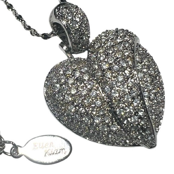 Jewelry - True Vintage Ellen Klaim Pavé Heart Necklace Signed Silver-Tone Rhinestone